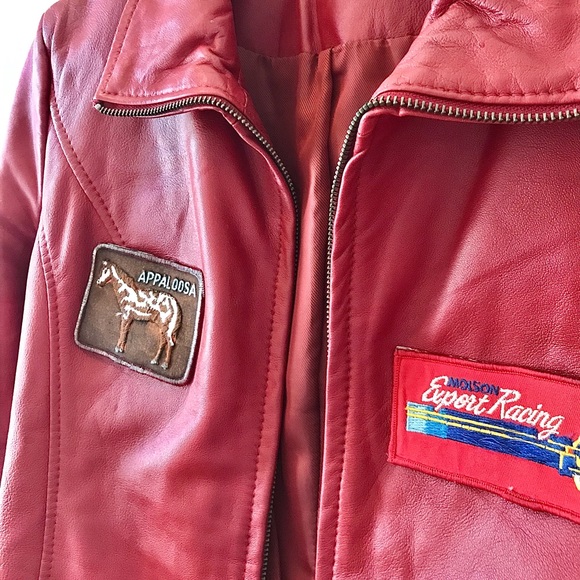 Red leather biker jacket vintage racing varsity patches moto motorcycle … - Picture 2 of 11